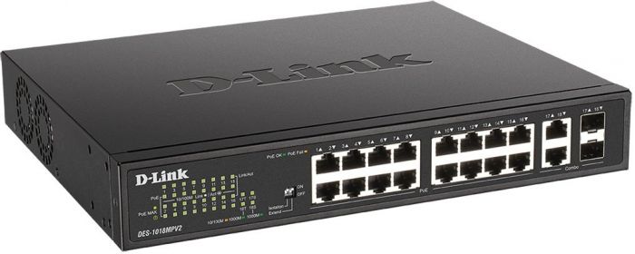 Комутатор D-Link DES-1018MPV2 16xFE PoE, 2xSFP/GE, 246W