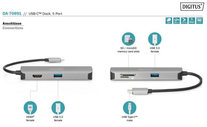 Док-станція DIGITUS Travel USB-C, 5 Port