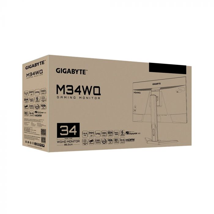 Монітор LCD GIGABYTE 34" M34WQ, 2xHDMI, DP, USB-C, 2xUSB, MM, IPS, 3440x1440, 21:9, 144Hz, 1mc, 91%DCI-P3, AdaptiveSync, HDR400