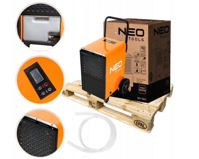Осушувач повітря промисловий Neo Tools, 750Вт, 180м2, 300 м3/год, 50л/добу, безперервний злив, LCD дисплей, прогр.часу роботи, IP22