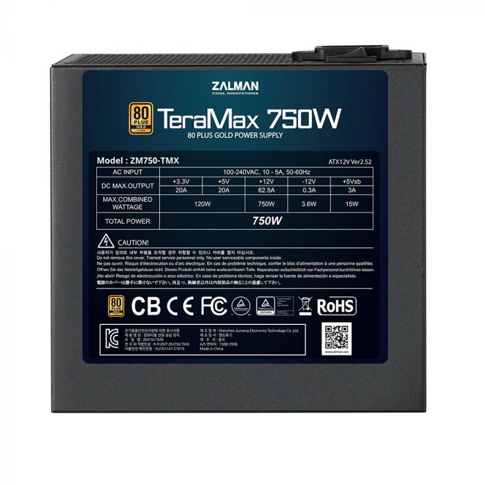 Блок живлення Zalman TERAMAX  (750W) >90%, 80+ Gold, 120mm, 1xMB 24pin(20+4)+10pin, 2xCPU 8pin(4+4), 3xMolex, 8xSATA, 4xPCIe 8pin(6+2), Fully Modular