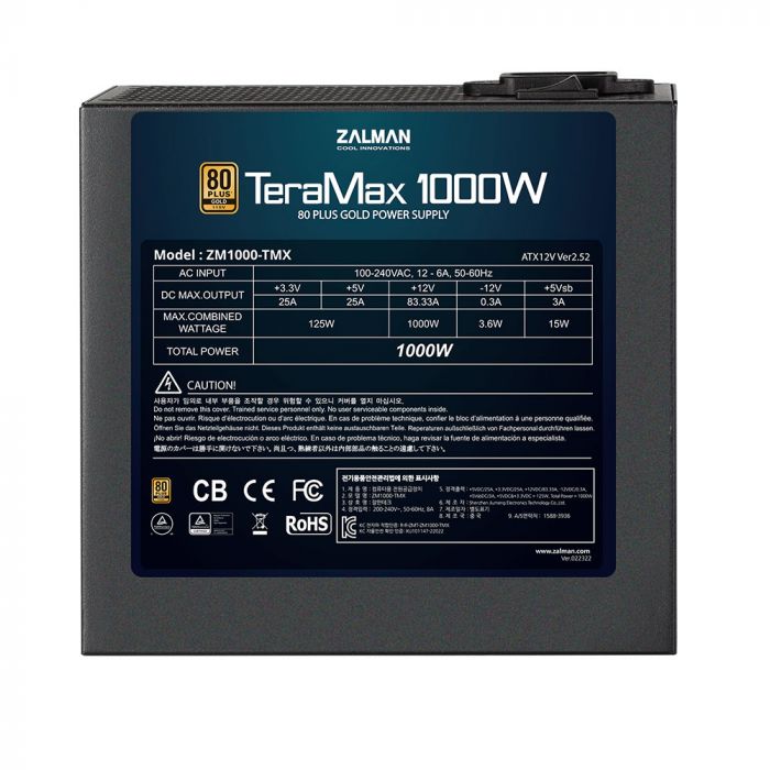 Блок живлення Zalman TERAMAX (1000W) >90%, 80+ Gold, 120mm, 1xMB 24pin(20+4)+10pin, 2xCPU 8pin(4+4), 3xMolex, 12xSATA, 6xPCIe 8pin(6+2), Fully Modular