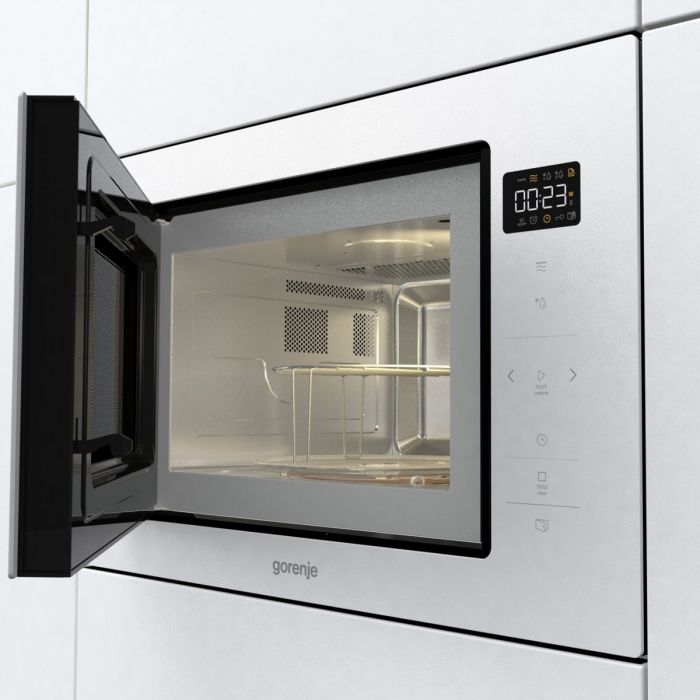 Мікрохвильова піч Gorenje BM251SG2WG вбудовувана, 25л, електр. управл., 900Вт, гриль, дисплей, приготування на кількох рівнях, білий
