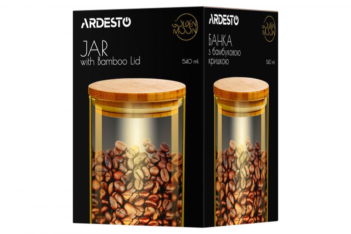Банка для зберігання Ardesto Golden Moon, кругла, 540 мл, скло, бамбук