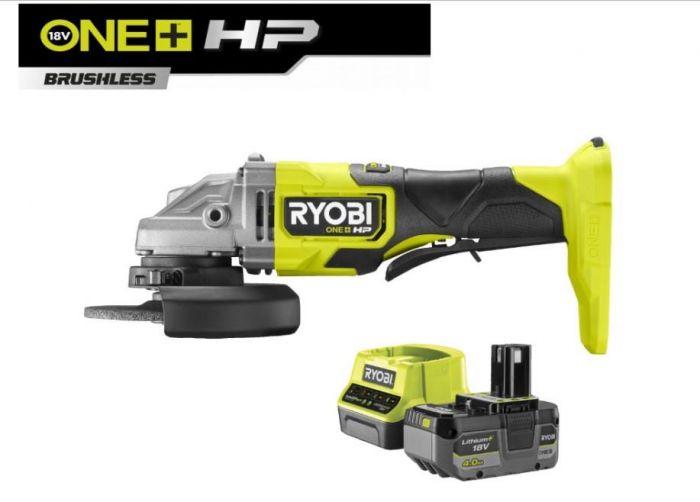 Шліфмашина кутова Ryobi RAG18X-1C40S акумуляторна ONE+ НР, безщіткова, 125мм, 18В, АКБ 1х4.0Ач