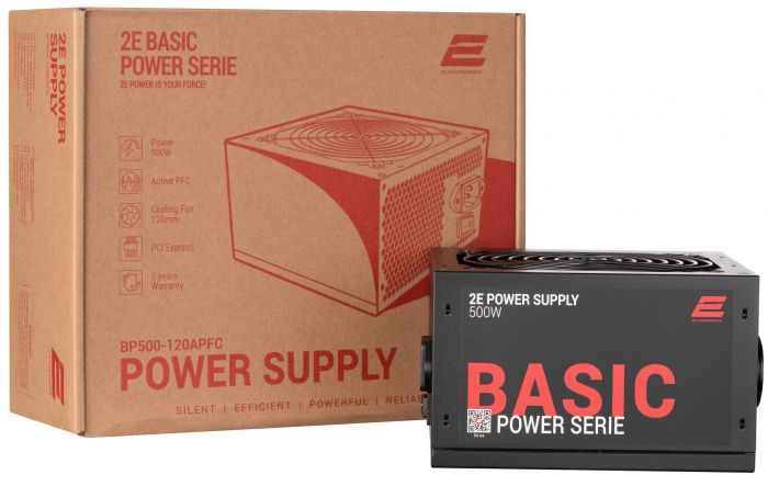 Блок живлення 2E BASIC POWER  (500W), 80%, 120mm, 1xMB 24pin(20+4), 1xCPU 8pin(4+4), 3xMolex, 4xSATA, 2xPCIe 8pin(6+2)