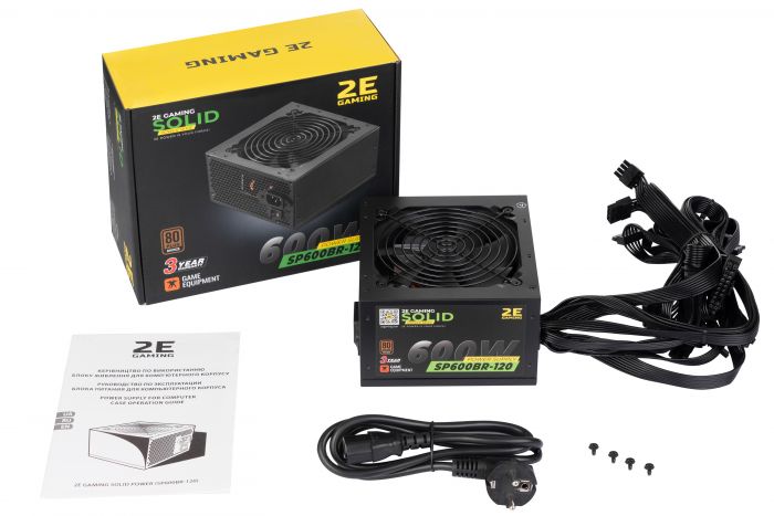 Блок живлення 2E GAMING SOLID POWER  (600W), >85%, 80+ Bronze, 120mm, 1xMB 24pin(20+4), 1xCPU 8pin(4+4), 3xMolex, 6xSATA, 4xPCIe 8pin(6+2)