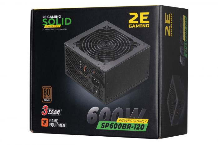 Блок живлення 2E GAMING SOLID POWER  (600W), >85%, 80+ Bronze, 120mm, 1xMB 24pin(20+4), 1xCPU 8pin(4+4), 3xMolex, 6xSATA, 4xPCIe 8pin(6+2)