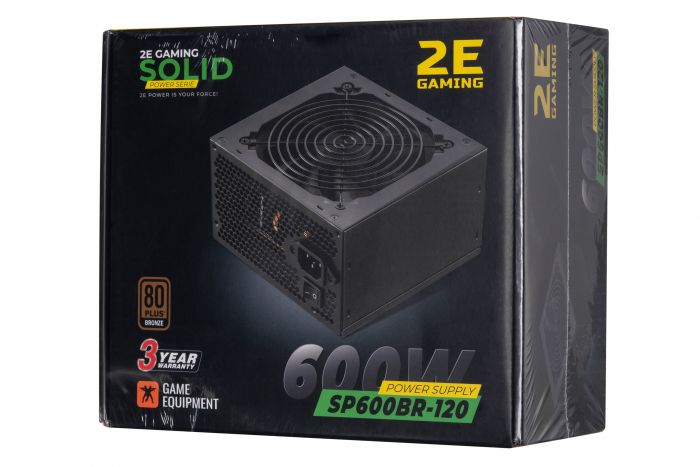 Блок живлення 2E GAMING SOLID POWER  (600W), >85%, 80+ Bronze, 120mm, 1xMB 24pin(20+4), 1xCPU 8pin(4+4), 3xMolex, 6xSATA, 4xPCIe 8pin(6+2)