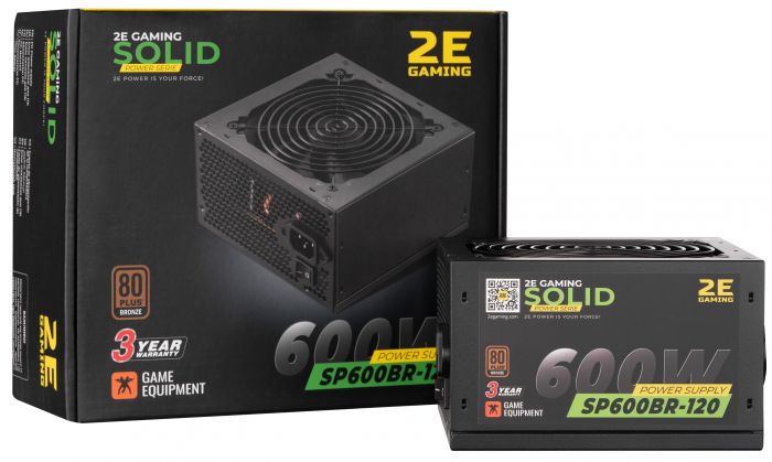 Блок живлення 2E GAMING SOLID POWER  (600W), >85%, 80+ Bronze, 120mm, 1xMB 24pin(20+4), 1xCPU 8pin(4+4), 3xMolex, 6xSATA, 4xPCIe 8pin(6+2)
