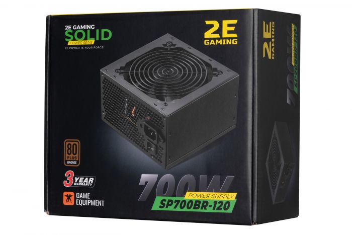 Блок живлення 2E GAMING SOLID POWER  (700W), >85%, 80+ Bronze, 120mm, 1xMB 24pin(20+4), 1xCPU 8pin(4+4), 3xMolex, 6xSATA, 4xPCIe 8pin(6+2)