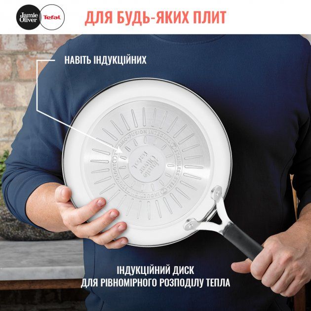 Сковорода Tefal Jamie Oliver Kitchen Essential Гриль, 26см, покриття Titanium 2Х, індукція, Thermo-Spot, нерж.сталь