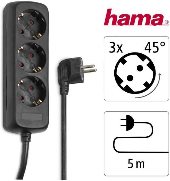 Мережевий подовжувач Hama 3XSchuko 3G*1.5мм 5м Black