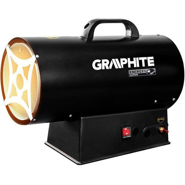 Теплова гармата газова GRAPHITE, акумуляторна 18В, 30кВт, 500м3/год, 0.7 бар, витрата 2.18кг/год, редуктор тиску, шланг 1.5м, п'єзозапалювання, IP24