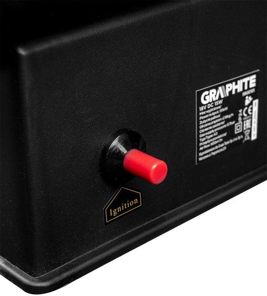 Теплова гармата газова GRAPHITE, акумуляторна 18В, 30кВт, 500м3/год, 0.7 бар, витрата 2.18кг/год, редуктор тиску, шланг 1.5м, п'єзозапалювання, IP24