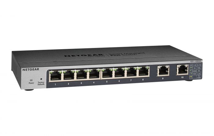 Комутатор NETGEAR GS110EMX 8x1GE, 2xMulti-Gig  (100M/1G/2.5G/5G/10G), керований