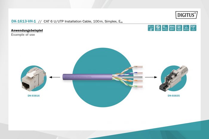 Кабель DIGITUS CAT 6 U-UTP, 100m, AWG 23/1, LSZH-1, фіолетовий