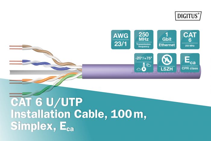 Кабель DIGITUS CAT 6 U-UTP, 100m, AWG 23/1, LSZH-1, фіолетовий