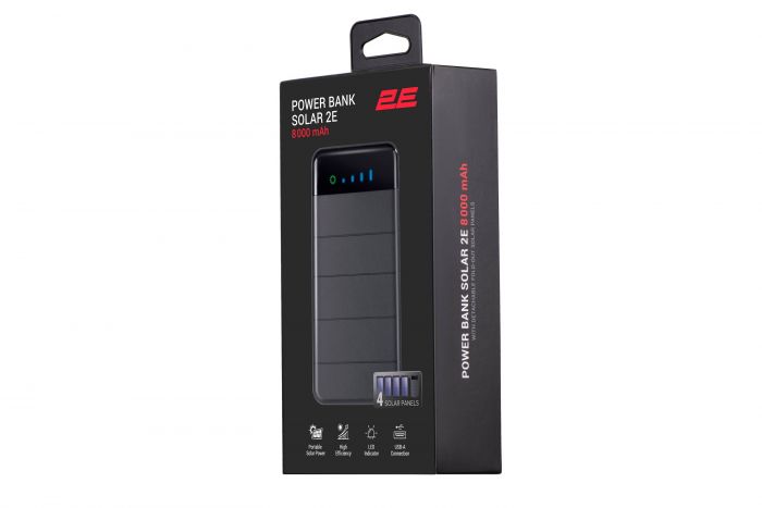 Акумулятор портативний літій-іонний Power Bank 2E Solar 8000мА·год, вбудований LED-ліхтар, чорний