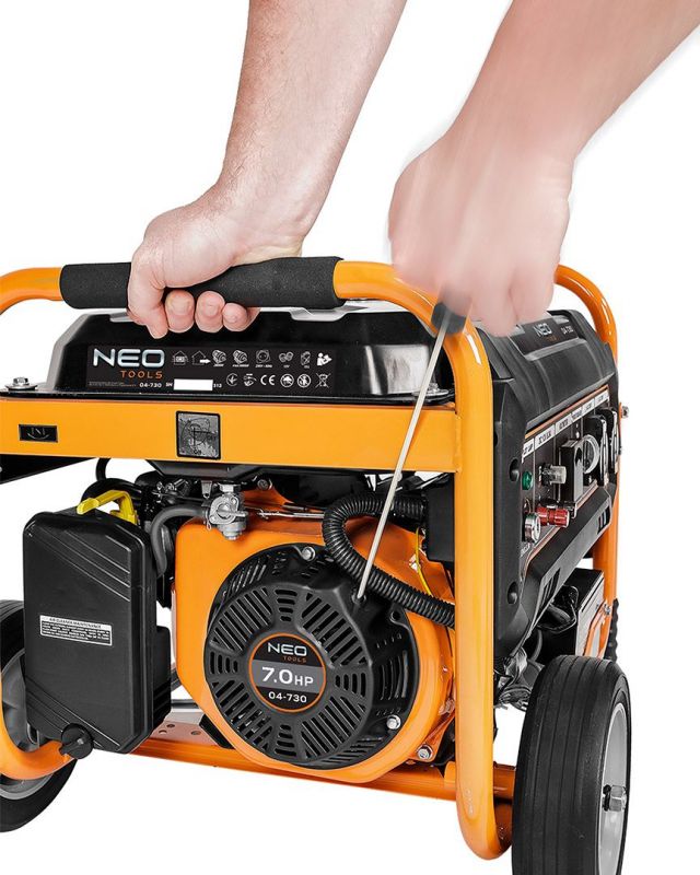 Генератор бензиновий Neo Tools 04-730, 2.8/3.0кВт, 1х12В та 2х230В (16А), бак 15л, 313г/кВтГ, 45 кг
