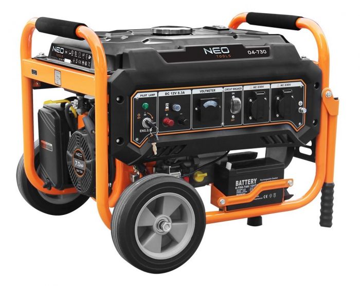 Генератор бензиновий Neo Tools 04-730, 2.8/3.0кВт, 1х12В та 2х230В (16А), бак 15л, 313г/кВтГ, 45 кг
