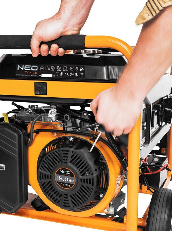 Генератор бензиновий Neo Tools 04-731, 6.0/6.5кВт, 1х12В та 2х230В (16А) та 1x230В(32А), бак 25л, 313г/кВтГ, 85 кг