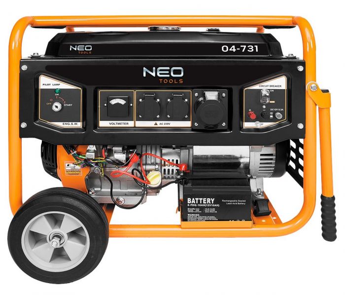 Генератор бензиновий Neo Tools 04-731, 6.0/6.5кВт, 1х12В та 2х230В (16А) та 1x230В(32А), бак 25л, 313г/кВтГ, 85 кг