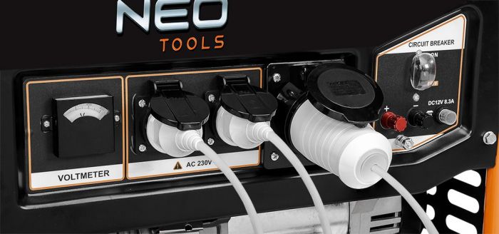 Генератор бензиновий Neo Tools 04-731, 6.0/6.5кВт, 1х12В та 2х230В (16А) та 1x230В(32А), бак 25л, 313г/кВтГ, 85 кг