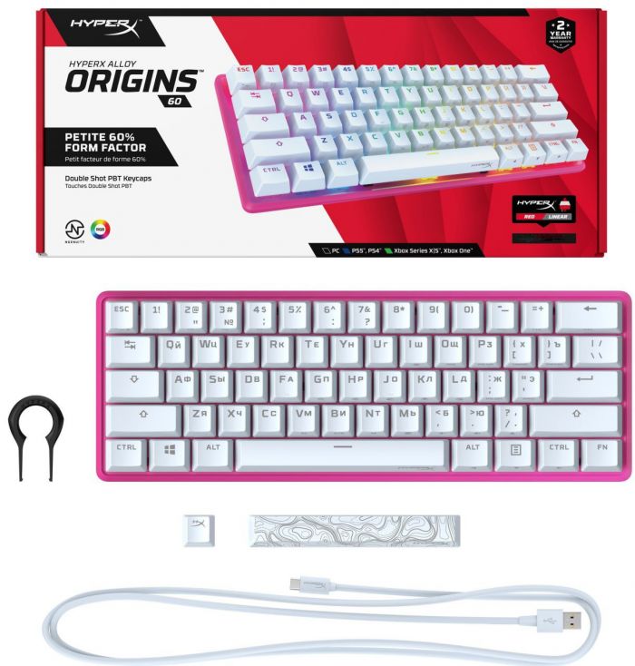 Клавіатура механічна HyperX Alloy Origins 60 61key, Red, USB-A, EN/RU, RGB, рожевий
