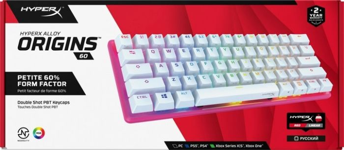 Клавіатура механічна HyperX Alloy Origins 60 61key, Red, USB-A, EN/RU, RGB, рожевий