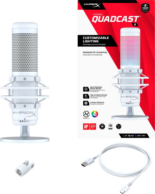 Мікрофон HyperX QuadCast S RGB, White/Grey