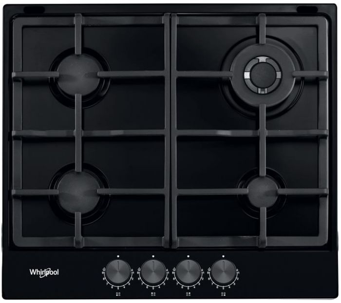 Варильна поверхня Whirlpool газова, 60см, чавун, конфорка з подвійним рядом полум'я, чорний