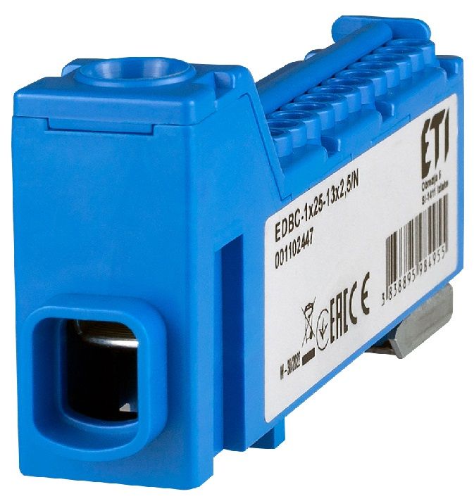 Блок розподільчий ETI EDBC-1x25-13x2,5/N (63A, 1000V AC/1500V DC, IN: 1x25, OUT: 13x2,5;  синій)