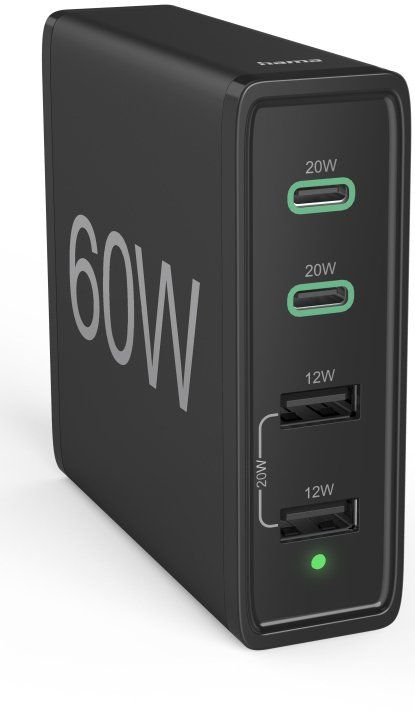 Універсальний зарядний пристрій Hama 2 x USB-C PD/QC, 2 x USB-A, 60W Black