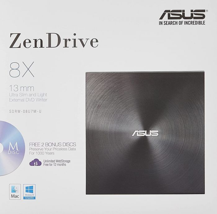 Привід ASUS ZenDrive SDRW-08U7M-U DVD+-R/RW USB2.0 EXT Ret Ultra Slim Black зовнішній