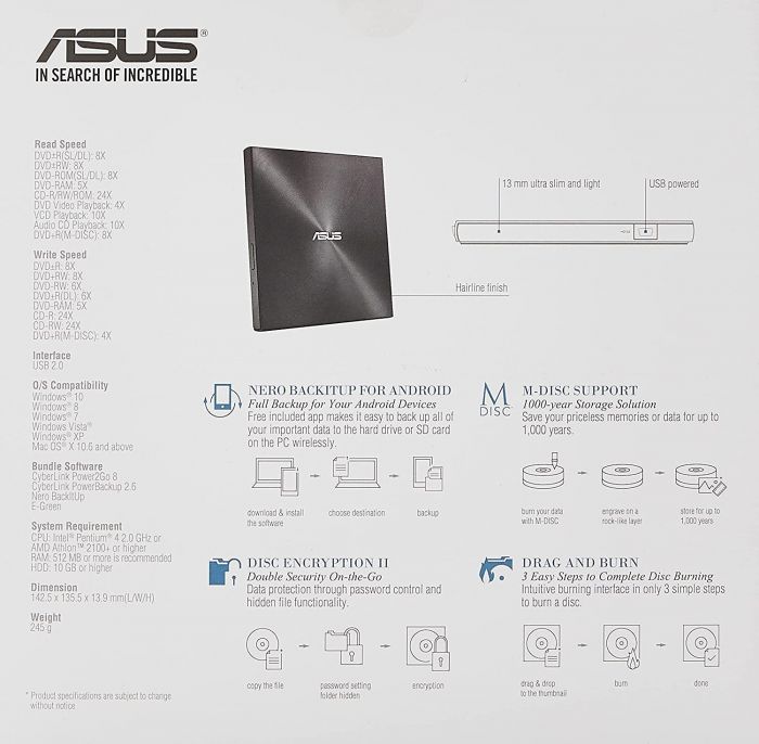 Привід ASUS ZenDrive SDRW-08U7M-U DVD+-R/RW USB2.0 EXT Ret Ultra Slim Black зовнішній