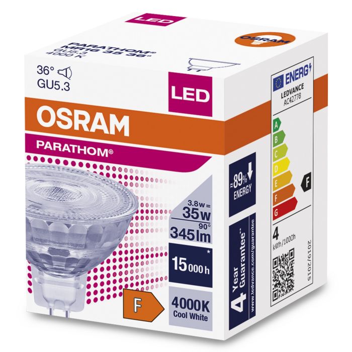Лампа світлодіодна OSRAM LED MR16 12V 3.8W (345Lm) 12V 4000K GU5.3