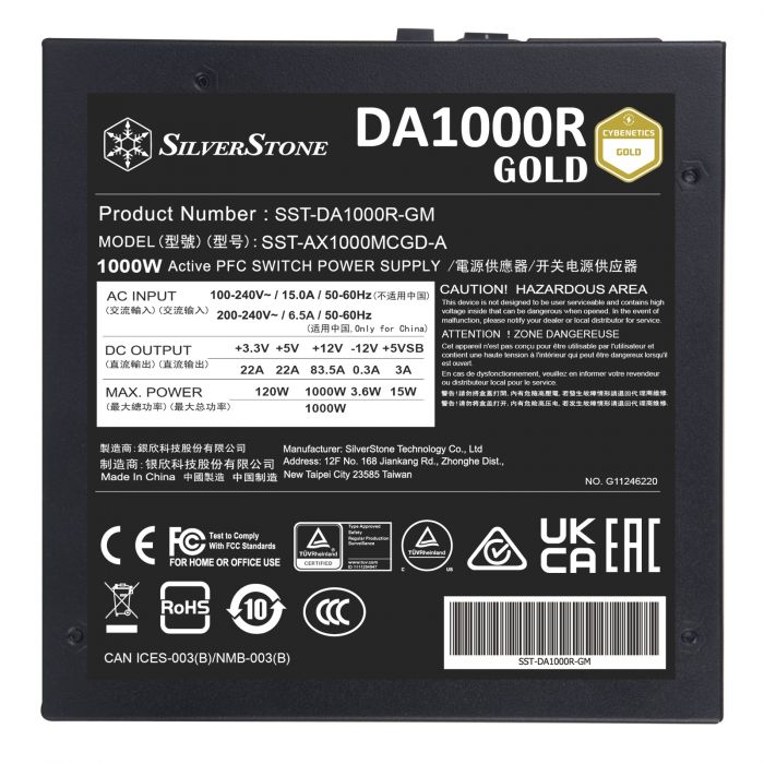 Блок живлення SilverStone Decathlon Cybenetics DA1000R-GM (1000W), >90%, 80+ Gold, 135mm, 1xMB 24pin(20+4), 2xCPU 8pin(4+4), 3xMolex, 12xSATA, 6xPCIe 8pin(6+2),1x(12+4)pin 12VHPWR, 1xFDD, Fully Modular