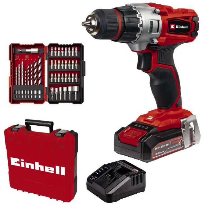 Шуруповерт-дриль Einhell TE-CD 18/2 Li +39, 1x2,5 Ah, PXC, 18В, 2.5 Аг, 44 Нм, набір біт і свердл, кейс, 1.1 кг