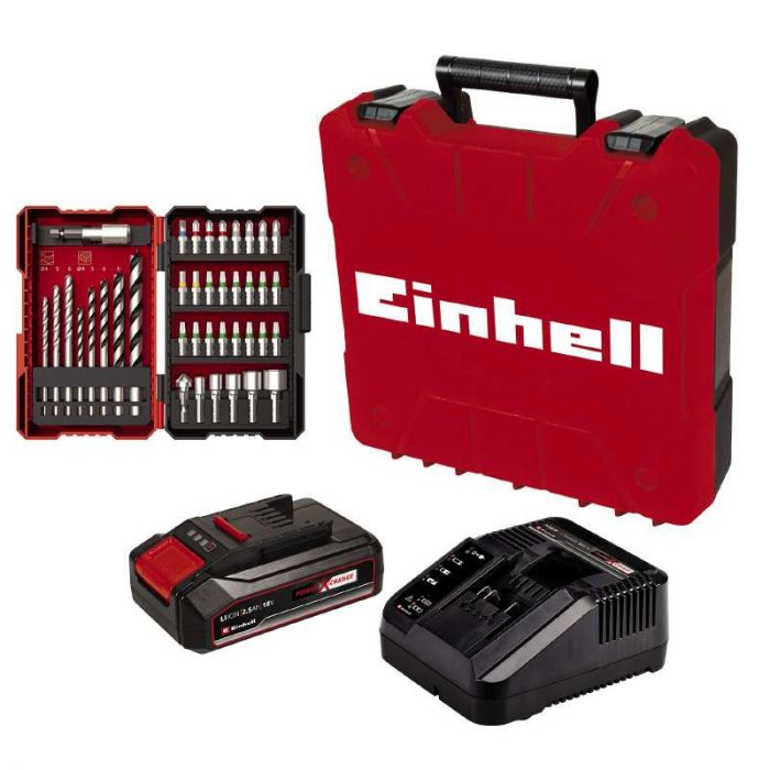 Шуруповерт-дриль Einhell TE-CD 18/2 Li +39, 1x2,5 Ah, PXC, 18В, 2.5 Аг, 44 Нм, набір біт і свердл, кейс, 1.1 кг