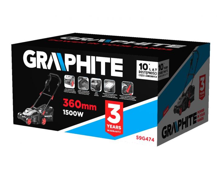Газонокосарка GRAPHITE, 1500Вт, 36см, 35л, 20-50мм, 10.1кг