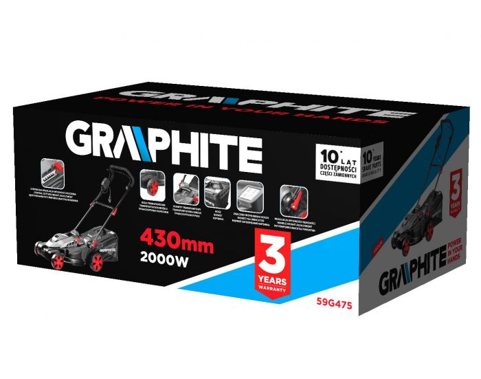 Газонокосарка GRAPHITE, 2000Вт, 43см, 45л, 20-70мм, 14кг