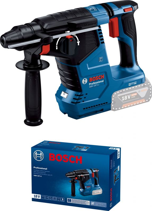 Перфоратор Bosch GBH 187-LI Professional акумуляторний, 18 В, SDS-Plus, 2.4 Дж, 980 об/хв, 2.9 кг, без АКБ та ЗП