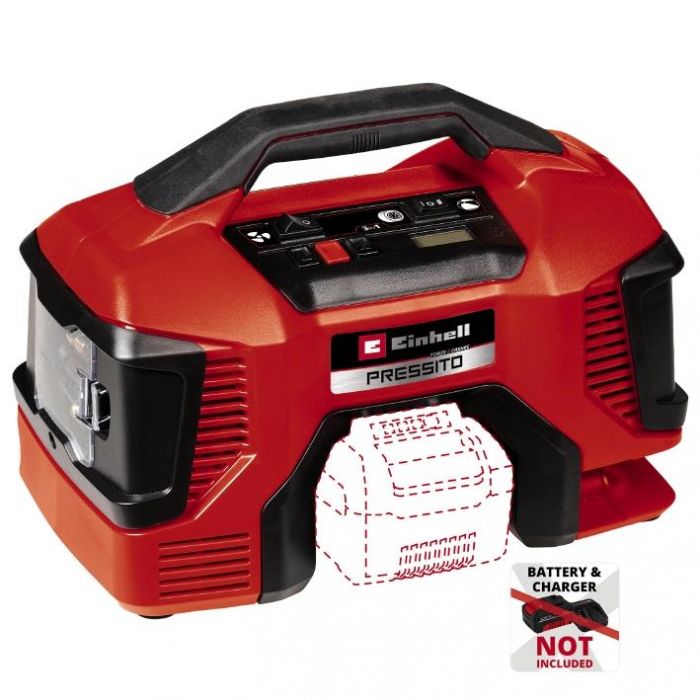 Компресор акум Einhell PRESSITO 18/21,  18В, PXC, 14-9 та 6 л/хв, 10.5 бар, вис. і низьк. тиск, 2.06 кг (без АКБ і ЗП)