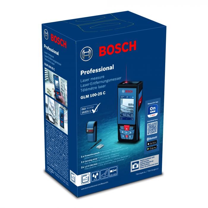 Далекомір лазерний Bosch Professional GLM 100-25 C, ±1.5 мм, 0.08–100м, 0-360°, Bluetooth, чохол, 0.23кг