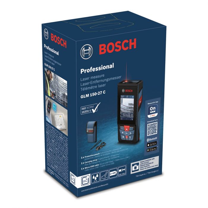 Далекомір лазерний Bosch Professional GLM 150-27 C, ±1.5 мм, 0.08–150м, 0-360°, Bluetooth, чохол, 0.21кг