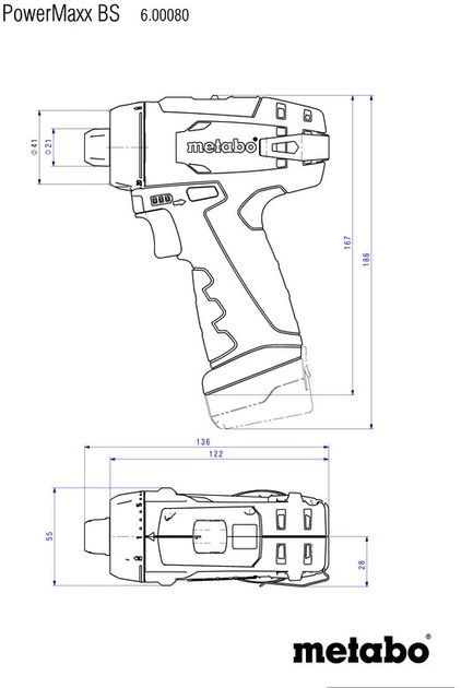 Шурпокрут-дриль Metabo POWERMAXX BS BASIC, акумуляторний, 2*12В, 2 Аг, 0-360/0-1400об/хв, патрон 1-10мм, шестигранник, 17/34Нм, 0.8кг