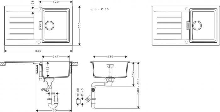 Мийка кухонна Hansgrohe S52, граніт, прямокутник, з крилом, 840х480х190мм, чаша - 1, врізна, сірий камінь