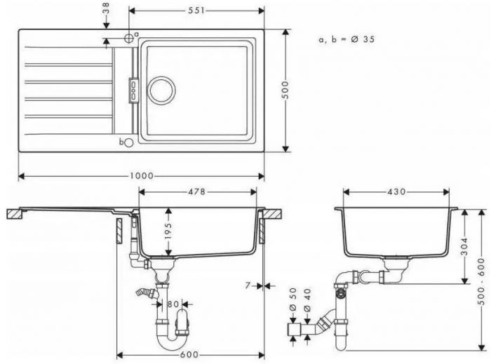 Мийка кухонна Hansgrohe S52, граніт, прямокутник, з крилом, 980х480х190мм, чаша - 1, врізна, сірий камінь