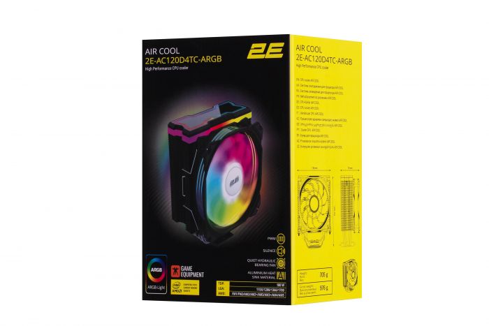 Процесорний кулер 2E Gaming Air Cool AC120D4TC-ARGB, LGA1700, 1366, 1200, 115X, AM5, AM4, AM3, AM3+, AM2, AM2+, FM2, FM1, 4pin PWM,+ 5V 3pin RGB, TDP 180W